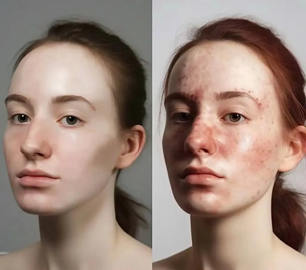 Before and after blemish removal, highlighting the skin’s purity and smoothness